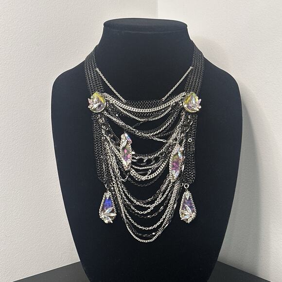 Erickson Beamon Statement Bib Necklace Gunmetal Multi Chain Crystal Waterfall - Picture 1 of 11
